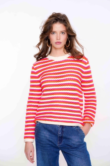 Geisha Trui AJOUR TRUI MET HORIZONTALE STREPEN 54041 23 Orange/Fuchsia/Off-White