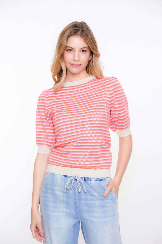 GEBREIDE TOP MET STREPEN 54033 14 Sand/Orange/Pink