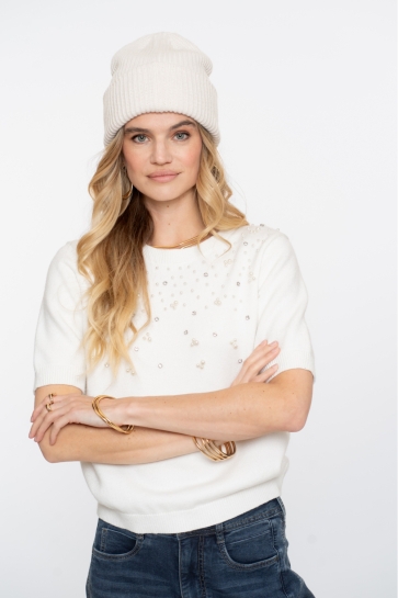Geisha Trui PULLOVER MET KORTE MOUWEN EN PARELS 54508 10 Off-white