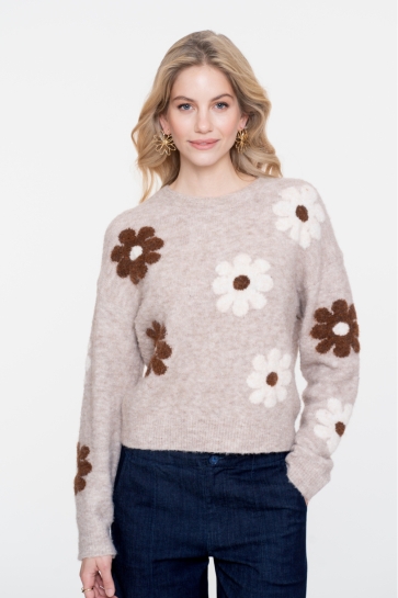 Geisha TRUI MET EMBROIDED FLOWER PRINT 54516 10 000720 SAND/BROWN/OFFWHITE
