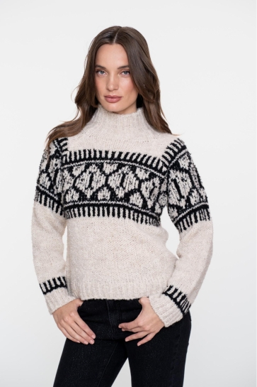 Geisha GEBREIDE TRUI MET NORDIC PRINT 54581 70 SAND/BLACK