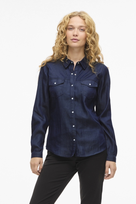 Vila blauwe dames blouse | Model vooraanzicht