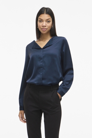 Vila Blouse VIELLETTE V-NECK L/S SATIN SHIRT - 14114164 Navy