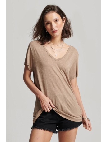 Superdry T-shirt STUDIOS SLUB VEE NECK TEE W1011077A TAN METALLIC