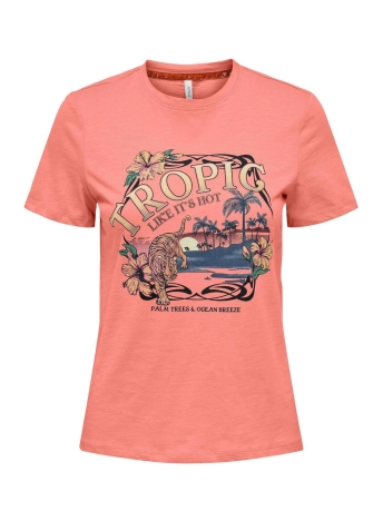 Only T-shirt ONLFELIA REG S/S PALM TIGER TOP BOX 15296244 Coral Haze/Tropic