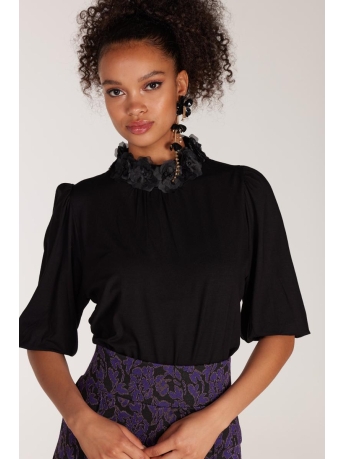 Juffrouw Jansen T-shirt PIP P23 V181 JERSEY TOP WITH FLOWER 000999 BLACK