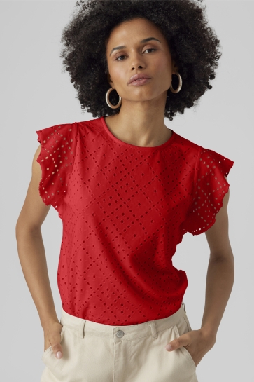 Vero Moda T-shirt VMTASSA SL FRILL TOP NOOS 10286067 Fiery Red