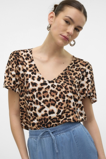 Vero Moda T-shirt VMEASY JOY V-NECK SS BLOUSE WVN GA 10307987 TAN/LEO