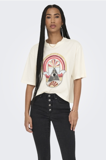 Jacqueline de Yong T-shirt JDYCARLA S/S WASHED PRINT TOP JRS 15341561 CLOUD DANCER/ GLITTER HAND