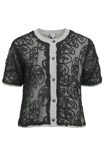 Object OBJFARIBA S/S RE KNIT CARDIGAN 140 23047228 Light Grey Melange/Black Lace