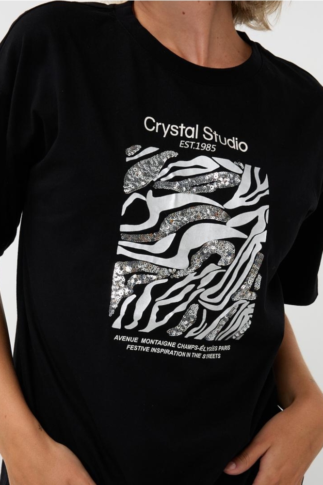 EsQualo zwarte dames t-shirt | Model vooraanzicht