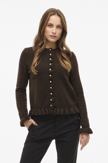 Vila VIJACIA O-NECK L/S FRILL KNIT CARDI 14111315 COFFEE BEAN/MELANGE