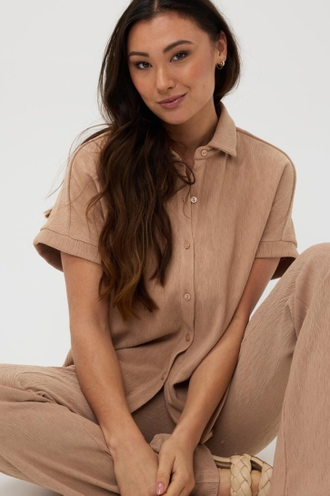 EsQualo Blouse BLOUSE FANCY CRINKLE SP25 30016 183 Dark Sand