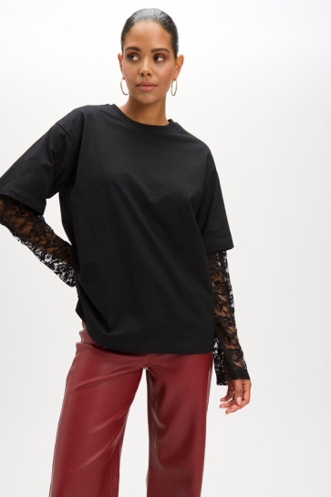 Refined Department T-shirt TEDDY TSHIRT WITH LACE SLEEVE R2509714754 BLACK