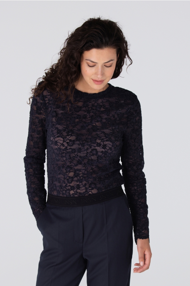 Juffrouw Jansen blauwe dames t-shirt | Model vooraanzicht