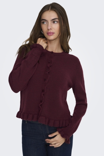 Jacqueline de Yong Vest JDYLETTY L/S ON FRILL CARDIGAN KNT 15363485 MAROON BANNER/MELANGE