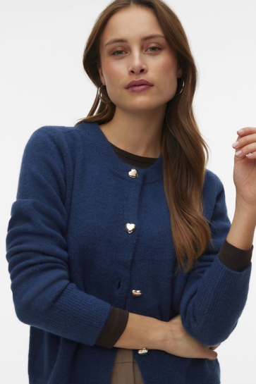 Vero Moda Vest VMFIONA LS SHORT BUTTON CARDIGAN BO 10321311 DARK DENIM/MELANGE W GOLD HEART BUTTON