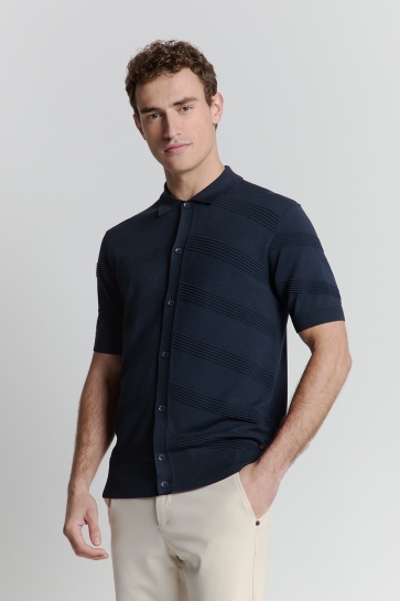 NO-EXCESS Overhemd OVERHEMD MET KORTE MOUW EN KNOOPSLUITING RELIEFGEBREID 27210271 096 DEEP BLUE