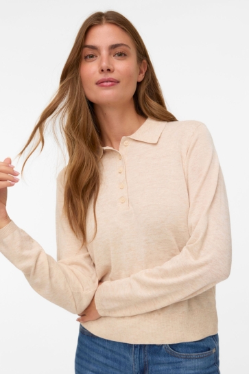 Vero Moda T-shirt AWSIKITA LS O-NECK KNIT POLO NOOS 10331614 NATURAL MELANGE