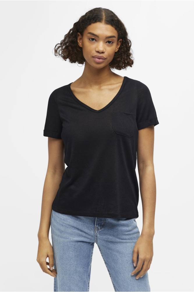 OBJTESSI SLUB S/S V-NECK NOOS 23023816 BLACK