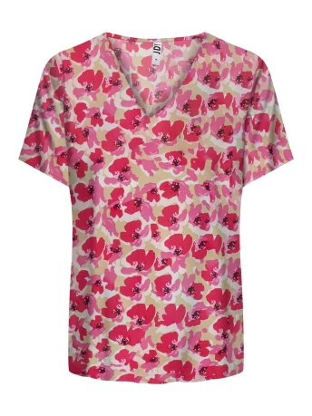 Jacqueline de Yong T-shirt JDYSTARR LIFE S/S V-NECK TOP WVN 15198141 Warm Sand/PINK FLOWER