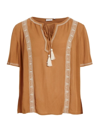 Vila T-shirt VIMICHELLE V-NECK S/S TOP/SU 14086476 Chipmunk/Birch embr