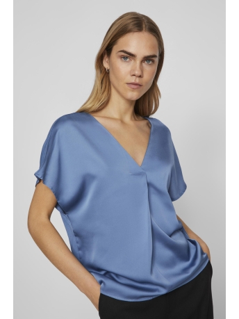 Vila T-shirt VIELLETTE V-NECK S/S SATIN TOP - NO 14089239 Coronet Blue