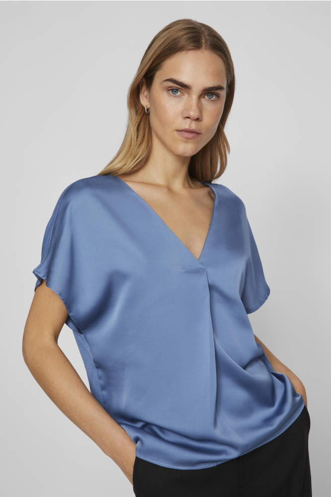 VIELLETTE V-NECK S/S SATIN TOP - NO 14089239 Coronet Blue