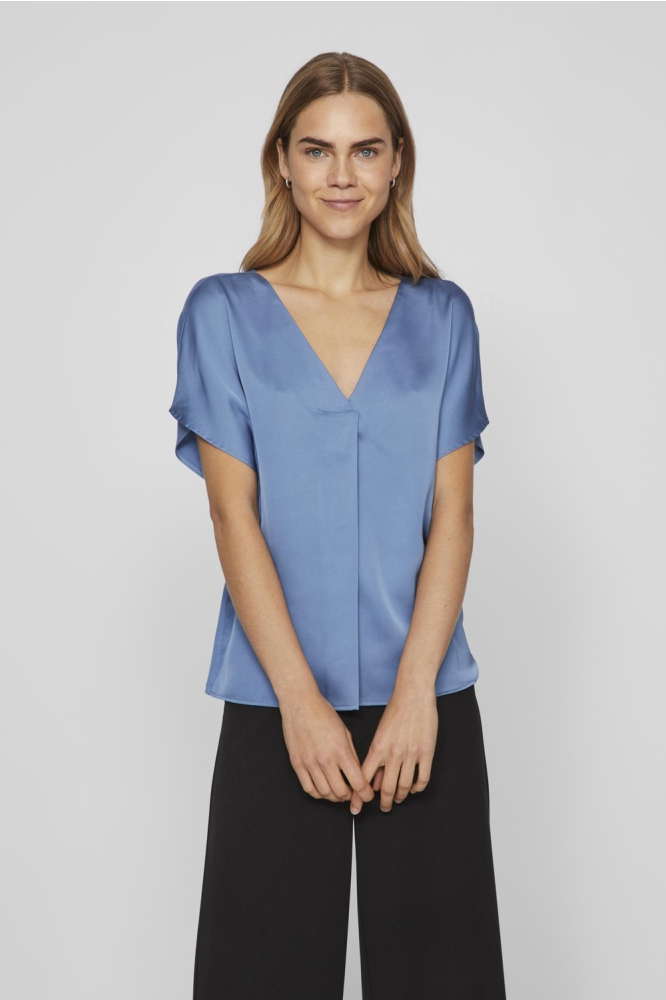 VIELLETTE V-NECK S/S SATIN TOP - NO 14089239 Coronet Blue