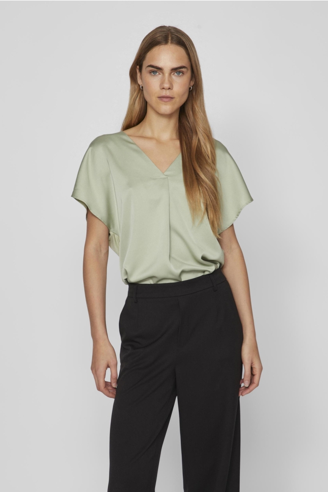 VIELLETTE V-NECK S/S SATIN TOP - NO 14089239 SWAMP