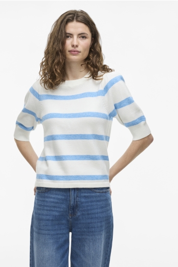 Vila Trui VIRIL 2/4 SLEEVE O-NECK STRIPE KNIT 14108479 WHITE ALYSSUM/BLISSFUL BLUE