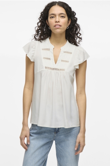 Vila Top VIVISIA V-NECK C/S PLEATED TOP/TES 14106953 CLOUD DANCER
