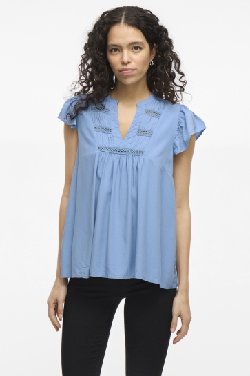 Vila Top VIVISIA V-NECK C/S PLEATED TOP/TES 14106953 BLISSFUL BLUE