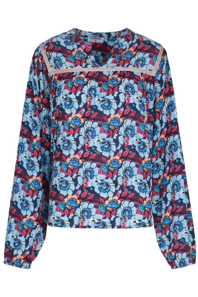Fluresk blauwe dames blouse | Vooraanzicht