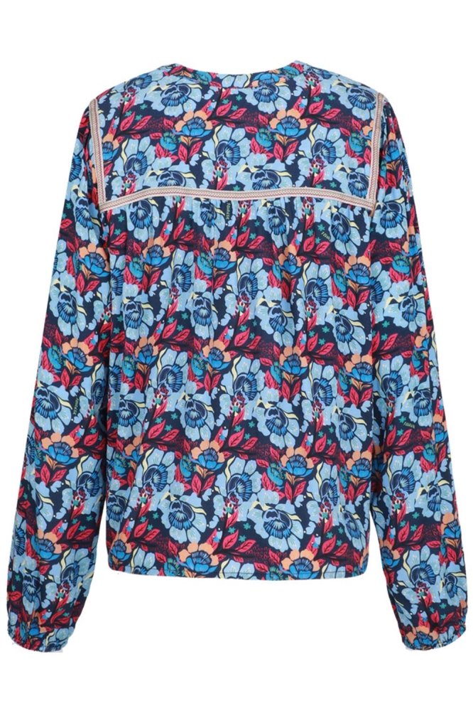 Fluresk blauwe dames blouse | Achteraanzicht