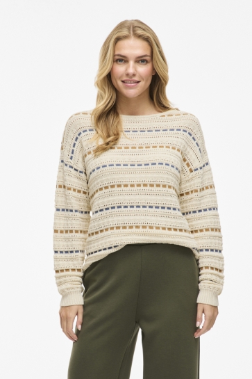 Vila Trui VIMARIAN O-NECK POINTELLE STRIPE KN 14108223 Birch/BIRCH/VINTAGE INDIGO