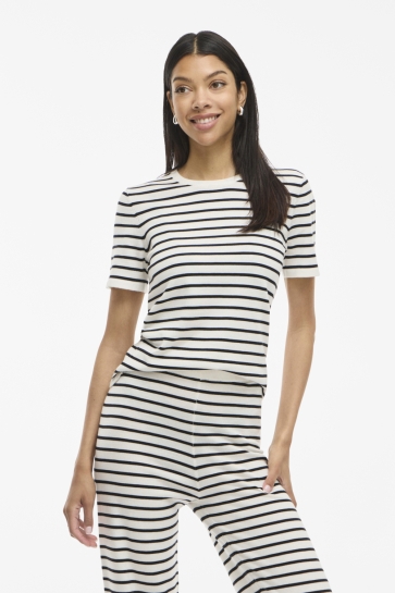 Vila T-shirt VILIPSA 2/4 O-NECK KNIT TOP/PB/R 14108149 Cloud Dancer/BLACK BEAU