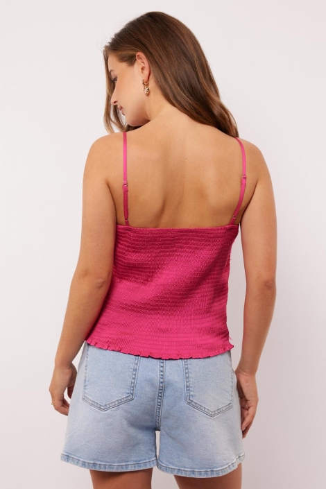 Fluresk roze dames top | Model achteraanzicht