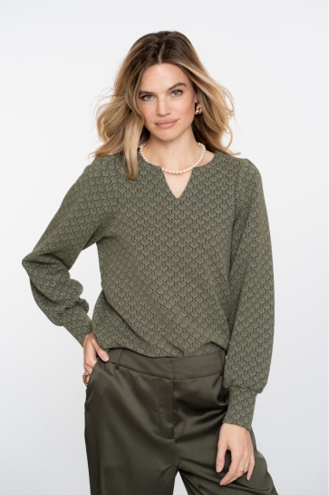Geisha T-shirt TOP MET V HALS EN JACQUARD PRINT 52530 20 000530 GREEN/BLACK