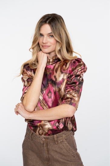 Geisha T-shirt TOP MET PLOOIMOUWEN EN PRINT 53651 20 CAMEL/PINK