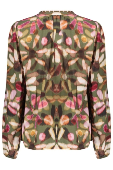 Geisha Blouse TOP MET SIERKOORD EN ECOLINE PRINT 53650 20 000530 GREEN/RED