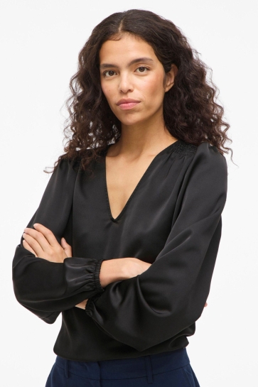 Vila T-shirt VIELLETTE L/S SMOCK SATIN TOP 14114163 Black