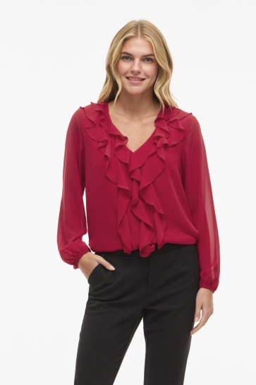 Vila Blouse VIANE L/S V-NECK FRILL TOP - NOOS 14114604 JESTER RED