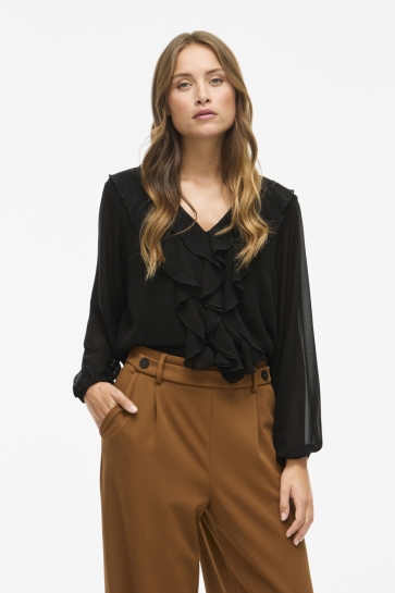 Vila T-shirt VIANE L/S V-NECK FRILL TOP - NOOS 14114604 Black