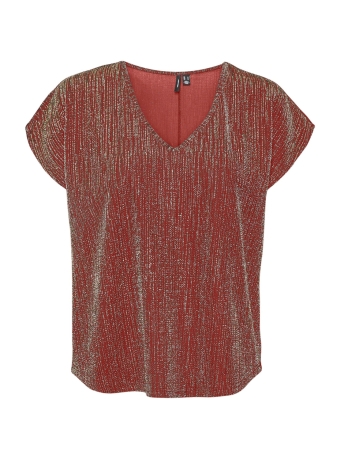 Vero Moda T-shirt VMELMA S/S V-NECK TOP JRS BTQ 10297606 Red Ochre/GOLD LUREX
