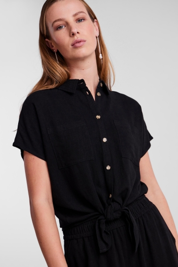 Pieces Blouse PCVINSTY SS LINEN TIE SHIRT NOOS 17124357 BLACK