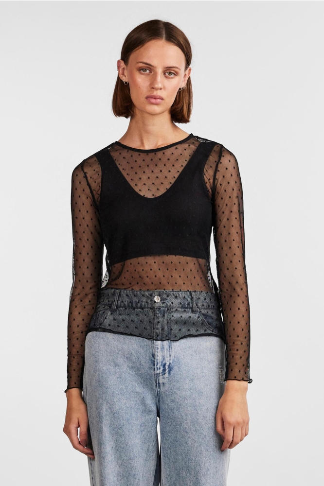 PCNESH DOT LS O-NECK TOP 17146722 BLACK