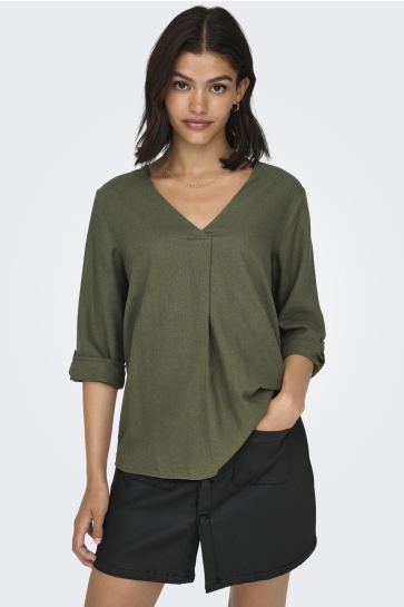 Jacqueline de Yong Blouse JDYSAY 3/4 LINEN V-NECK TOP WVN DIA 15317390 Kalamata