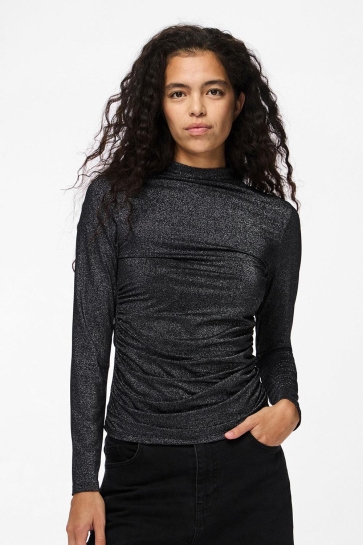 Pieces PCMONICA LS GLITTER RUCHING TOP NOOS 17151156 BLACK/SILVER