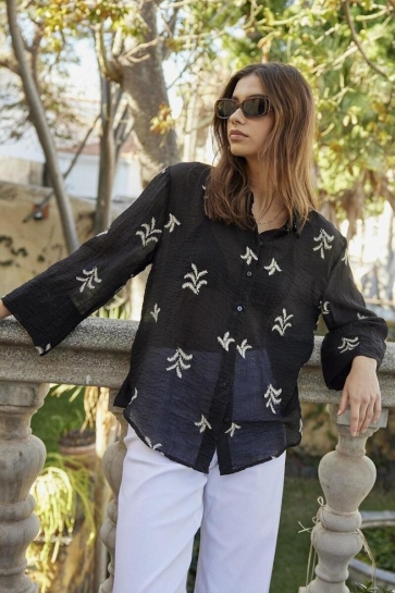 Jacqueline de Yong Blouse JDYTHEO 7/8 EMBROIDERY SHIRT WVN 15343807 Black/SANDSHELL